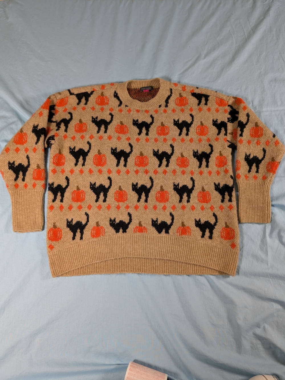 Vince Camuto Beige Knit Sweater with Black Cat & Orange Pumpkin Motif